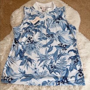 Tommy Bahama Blue Floral Sleeveless Polo Top